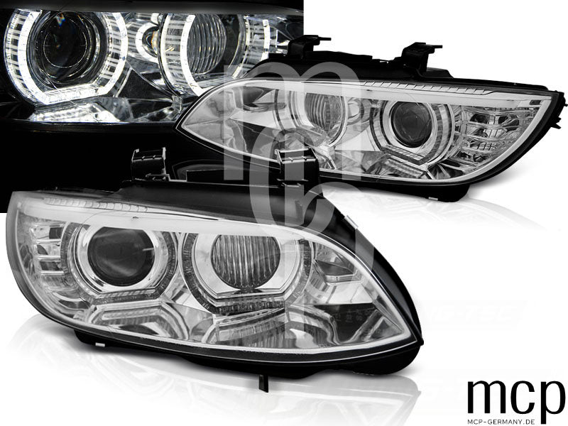 Xenon LED 3D Angel Eyes Scheinwerfer Set für BMW 3er E92 Coupé / E93 Cabrio (2006 bis 2010) in Chrom mit LED Tagfahrlicht