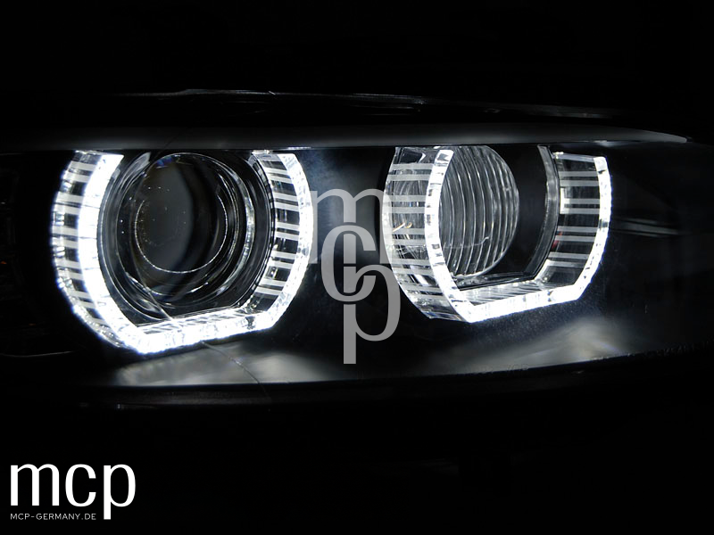 Xenon LED 3D Angel Eyes Scheinwerfer Set für BMW 3er E92 Coupé / E93 Cabrio (2006 bis 2010) in Schwarz mit LED Tagfahrlicht – Leuchtbild
