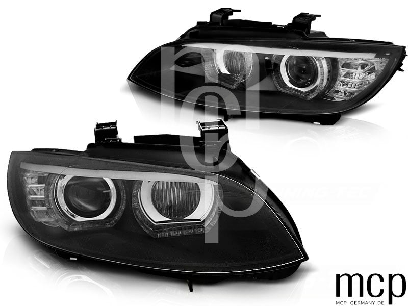 Xenon LED 3D Angel Eyes Scheinwerfer Set für BMW 3er E92 Coupé / E93 Cabrio (2006 bis 2010) in Schwarz mit LED Tagfahrlicht
