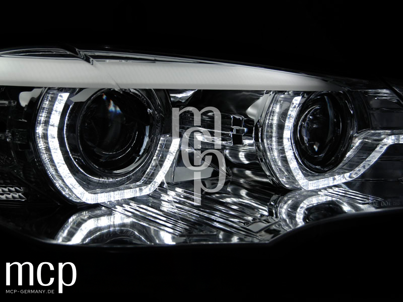 Xenon LED 3D Angel Eyes Scheinwerfer Set für BMW X5 E70 (2007 bis 2010) in Chrom mit LED Tagfahrlicht – MCP Zusatz 03 Leuchtbild Detail