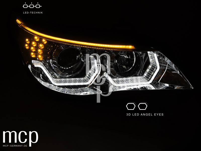 LED 3D Angel Eyes Scheinwerfer Set für BMW 5er E60 Limousine / E61 Touring (2003 bis 2007) in Chrom – MCP Zusatz 04 Leuchtbild