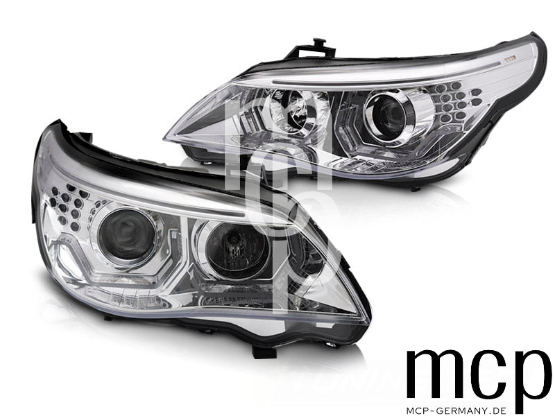 LED 3D Angel Eyes Scheinwerfer Set für BMW 5er E60 Limousine / E61 Touring (2003 bis 2007) in Chrom