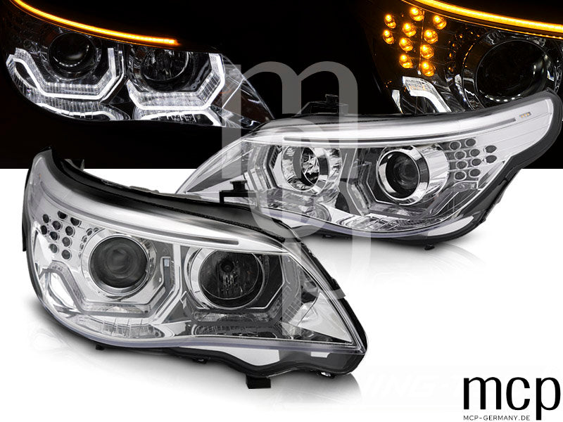 LED 3D Angel Eyes Scheinwerfer Set für BMW 5er E60 Limousine / E61 Touring (2003 bis 2007) in Chrom