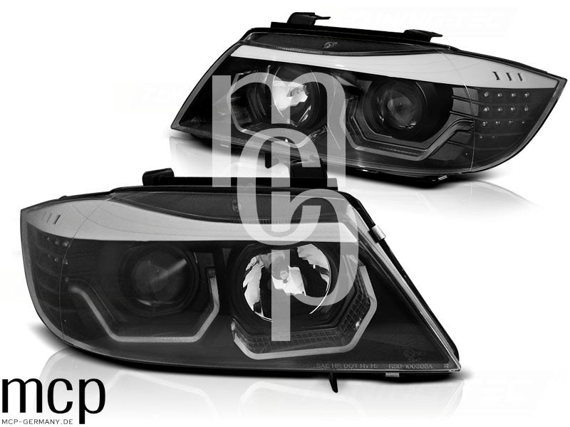 LED 3D Angel Eyes Scheinwerfer Set für BMW 3er E90 Limousine / E91 Touring (2005 bis 2008) in Schwarz