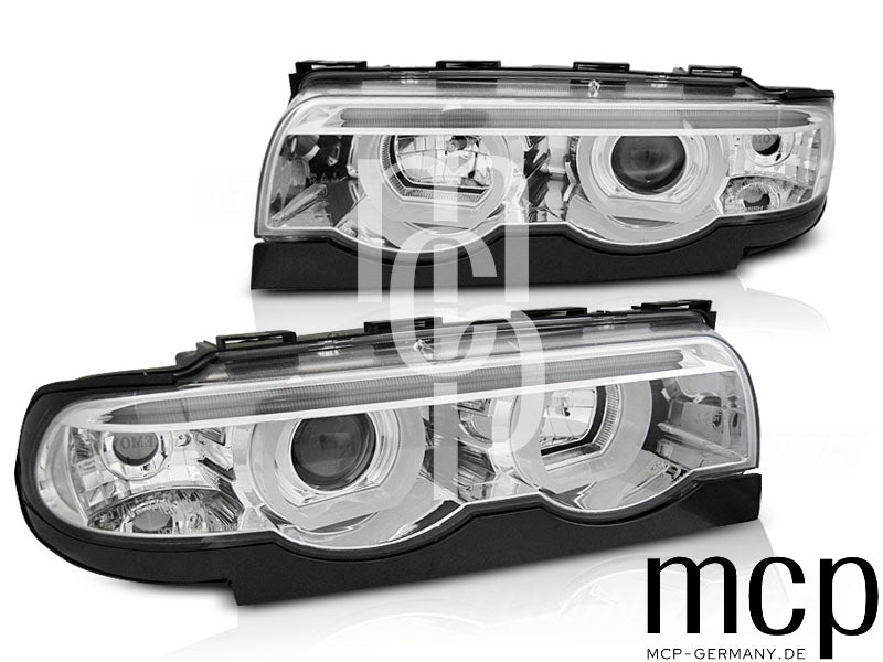 3D Angel Eyes Scheinwerfer Set für BMW 7er E38 (1994 bis 2001) in Chrom
