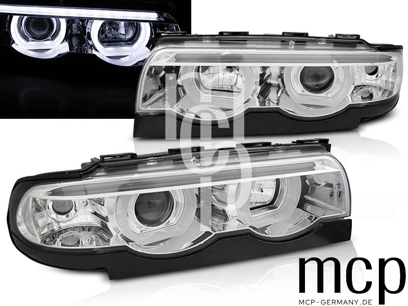 3D Angel Eyes Scheinwerfer Set für BMW 7er E38 (1994 bis 2001) in Chrom
