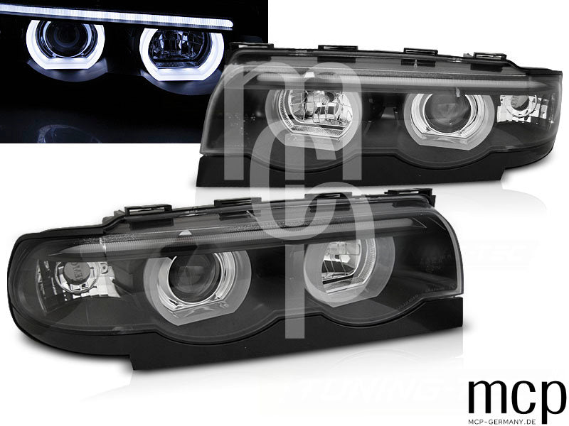3D Angel Eyes Scheinwerfer Set für BMW 7er E38 (1994 bis 2001) in Schwarz