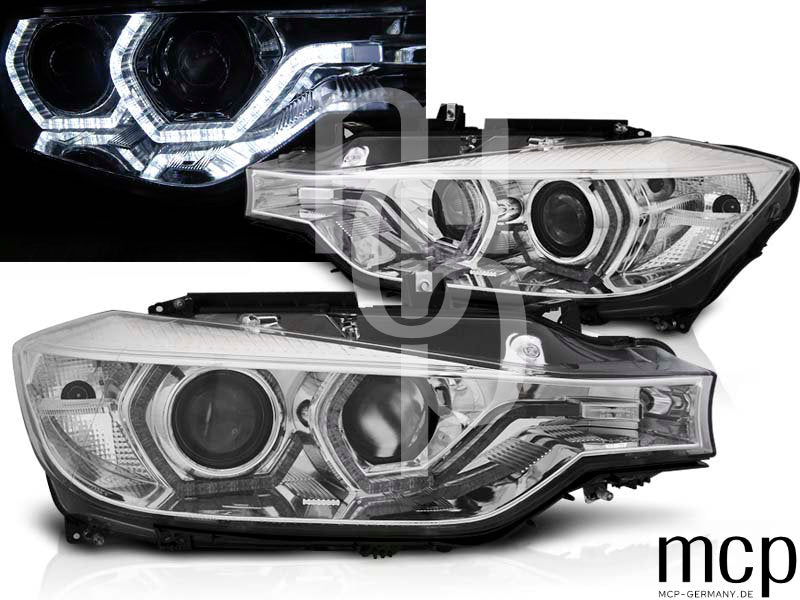 Xenon LED Angel Eyes Scheinwerfer Set für BMW 3er F30/F31 (10/2011 bis 05/2015) in Chrom mit LED Tagfahrlicht