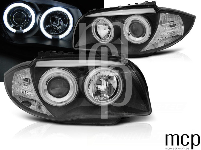 CCFL Angel Eyes Scheinwerfer Set für BMW 1er E81 E82 E87 E88 (09/04 bis 10/11) in Schwarz