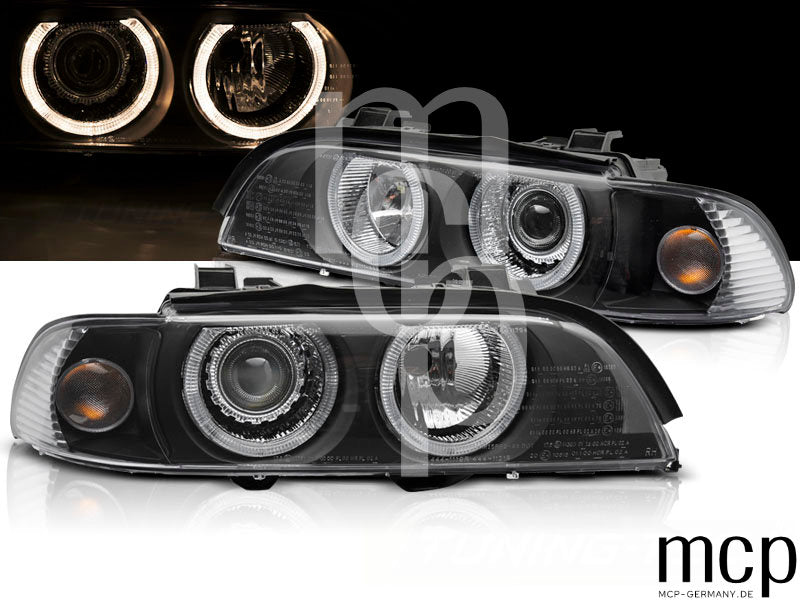 Xenon Angel Eyes Scheinwerfer Set für BMW 5er E39 LCI (2000 bis 2003) in Schwarz