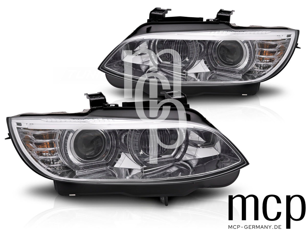 Xenon LED 3D Angel Eyes Scheinwerfer Set für BMW 3er E92 / E93 (2006 bis 2010) in Chrom mit gelbem LED Tagfahrlicht