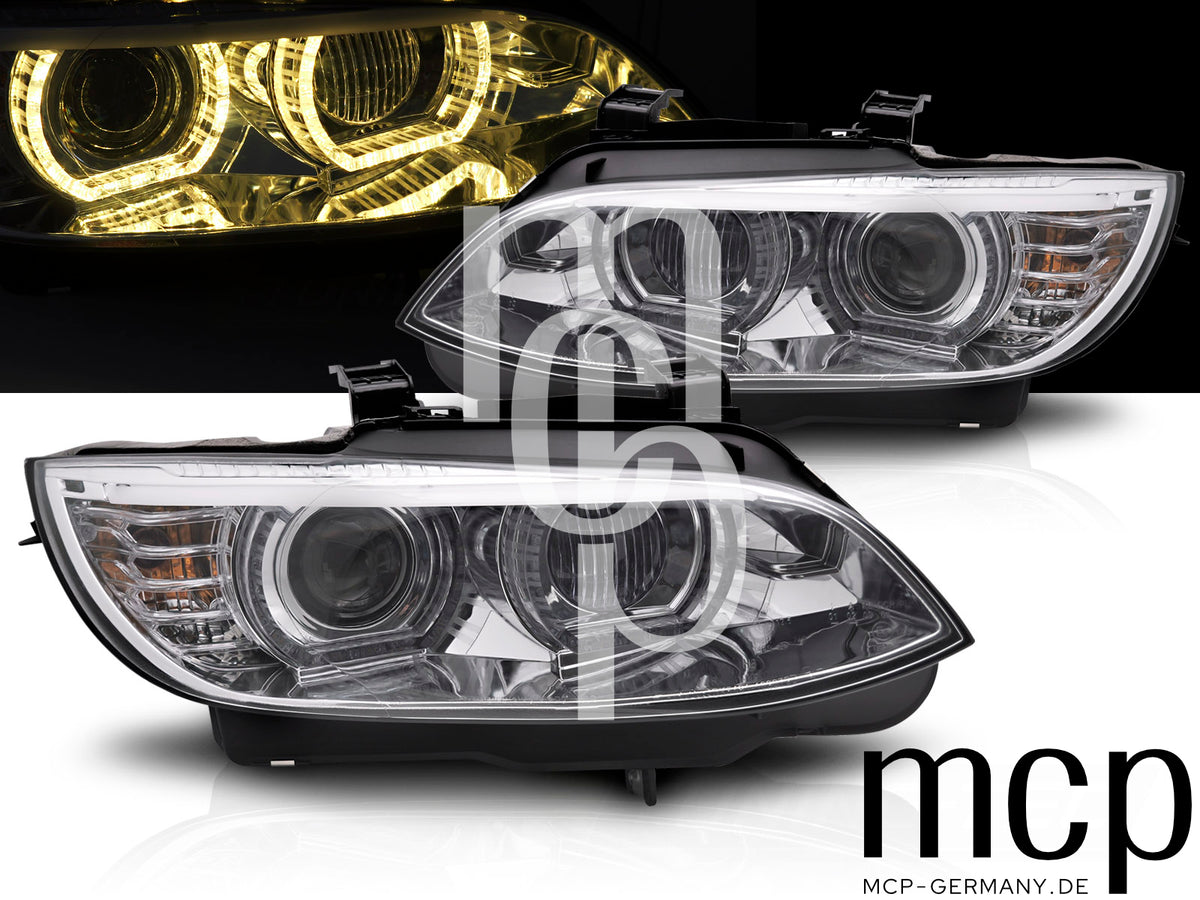 Xenon LED 3D Angel Eyes Scheinwerfer Set für BMW 3er E92 / E93 (2006 bis 2010) in Chrom mit gelbem LED Tagfahrlicht