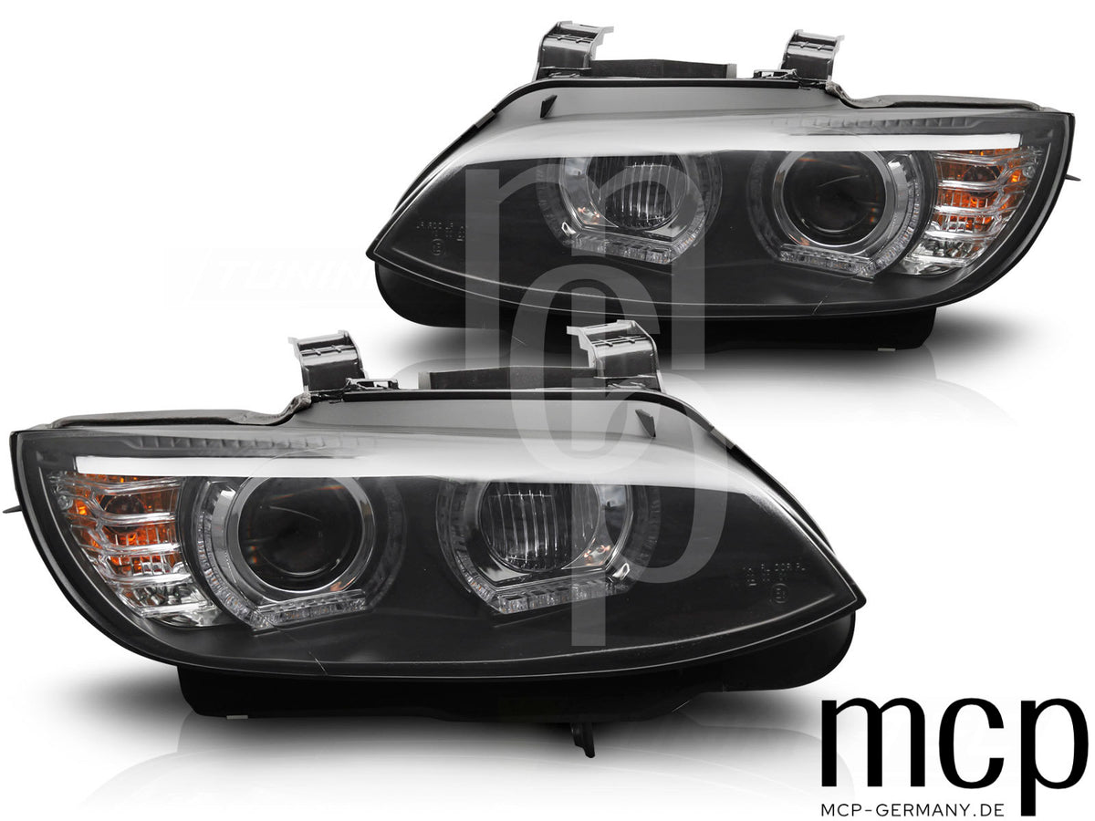 Xenon LED 3D Angel Eyes Scheinwerfer Set für BMW 3er E92 / E93 (2006 bis 2010) in Schwarz mit gelbem LED Tagfahrlicht