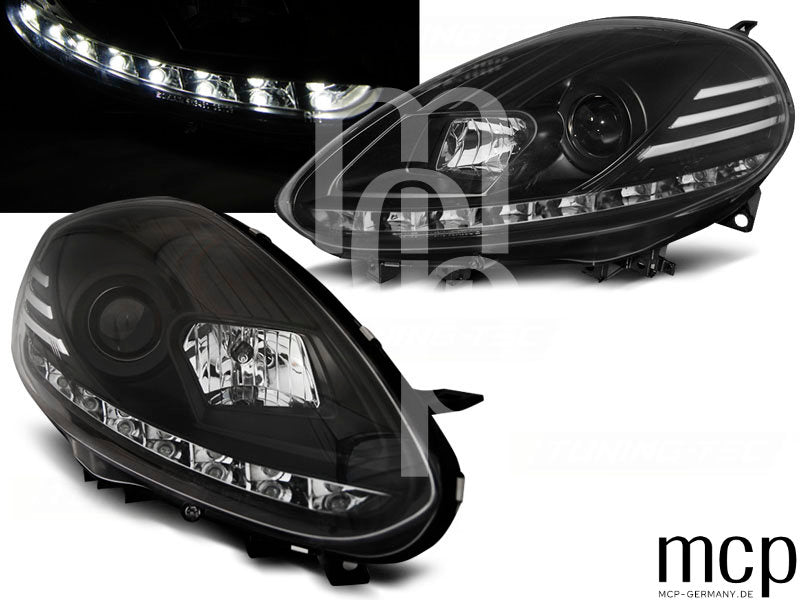 Scheinwerfer Set für Fiat Punto EVO (10/2009 bis 2012) in Schwarz mit LED Tagfahrlicht