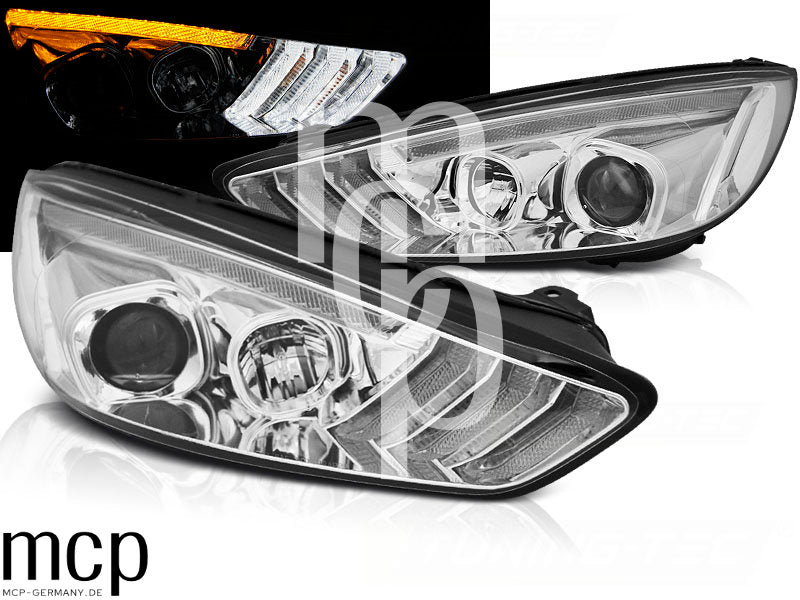 Scheinwerfer Set für Ford Focus MK3 (2015 bis 2018) in Chrom mit LED Tagfahrlicht