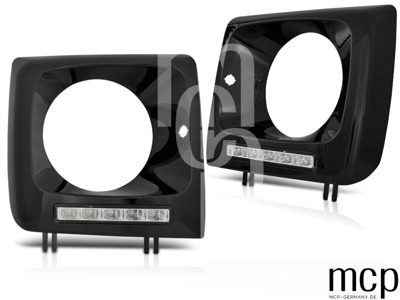 Scheinwerferrahmen Set für Mercedes W461,W463 (2001 bis 2012) in Schwarz mit LED Tagfahrlicht