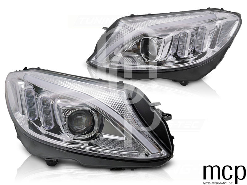 Scheinwerfer Set für Mercedes W205 (2014 bis 2018) in Chrom mit LED Tagfahrlicht