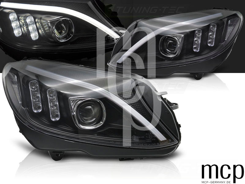 Scheinwerfer Set für Mercedes W205 (2014 bis 2018) in Schwarz mit LED Tagfahrlicht