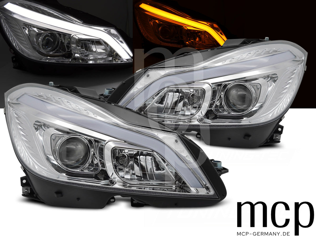 LED Tube Scheinwerfer Set für Mercedes Benz C-Klasse W204 (2011 bis 2014) in Chrom mit Dynamischem Blinker