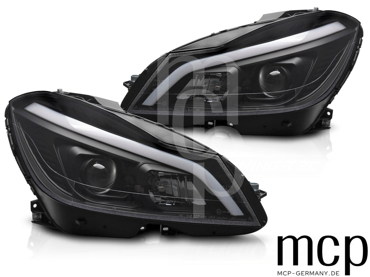 LED Tube Scheinwerfer Set für Mercedes Benz C-Klasse W204 (2011 bis 2014) in Schwarz mit Dynamischem Blinker (Kopie)