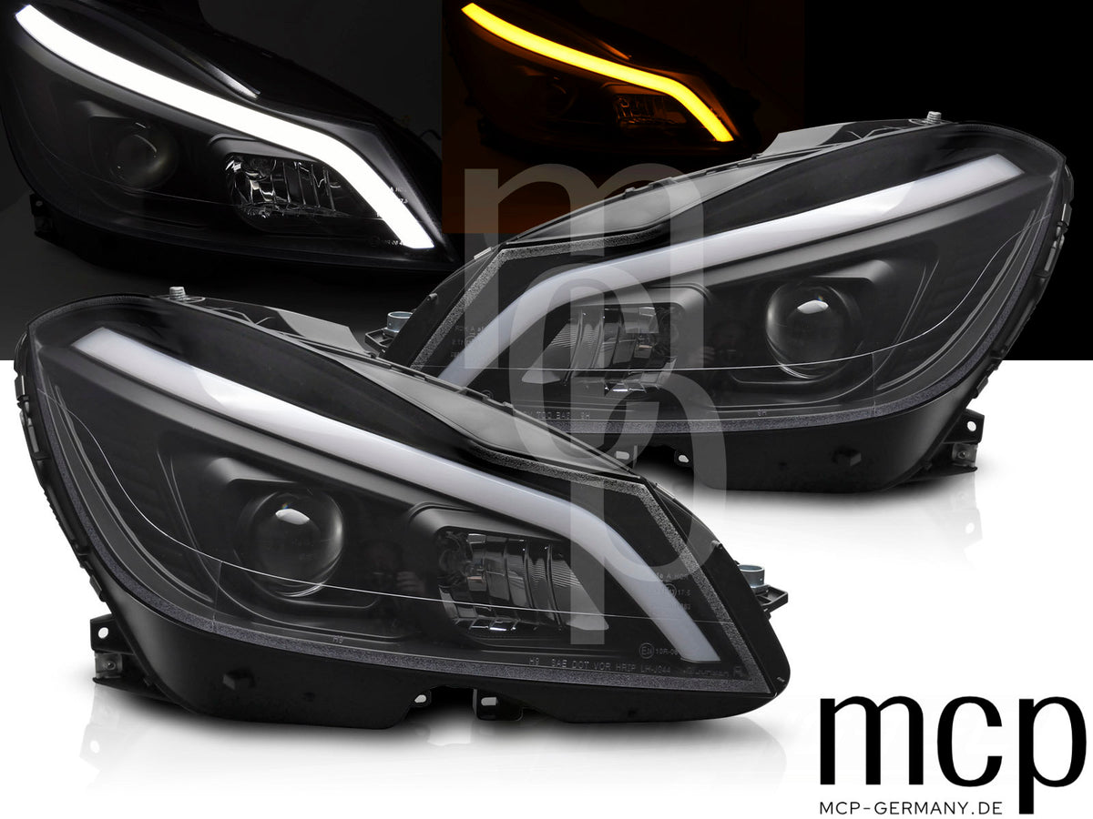 LED Tube Scheinwerfer Set für Mercedes Benz C-Klasse W204 (2011 bis 2014) in Schwarz mit Dynamischem Blinker (Kopie)