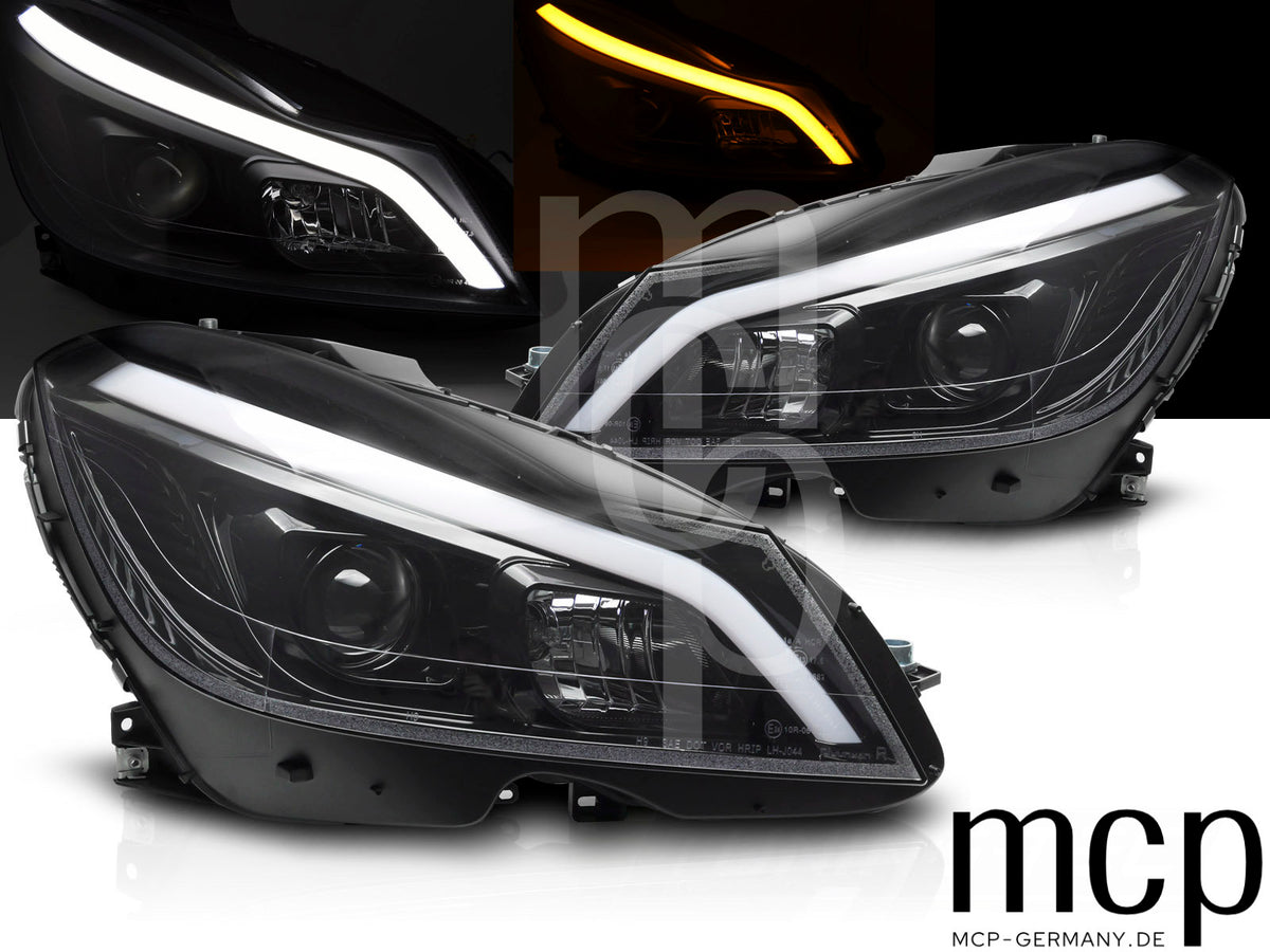 Scheinwerfer Set für Mercedes C-Klasse W204 (2011 bis 2014) in Schwarz glänzend mit LED Tagfahrlicht