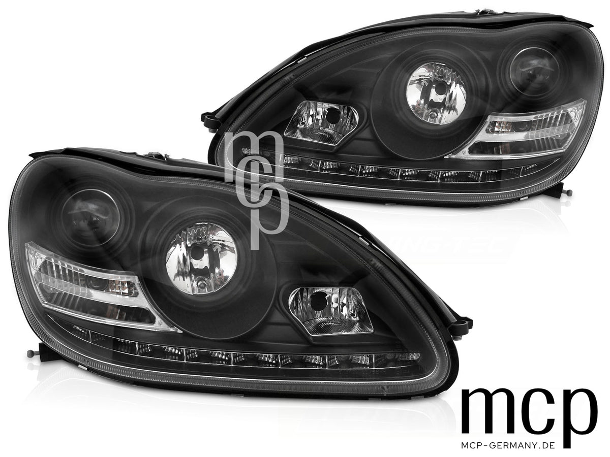 Xenon Scheinwerfer Set für Mercedes W220 Limousine (10/2002 bis 05/2005) in Schwarz mit LED Standlicht