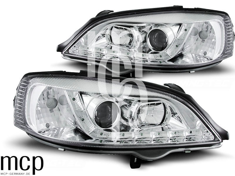 LED Tagfahrlicht Scheinwerfer Set für Opel Astra G (1997 bis 2004) in Chrom
