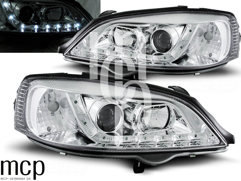 LED Tagfahrlicht Scheinwerfer Set für Opel Astra G (1997 bis 2004) in Chrom
