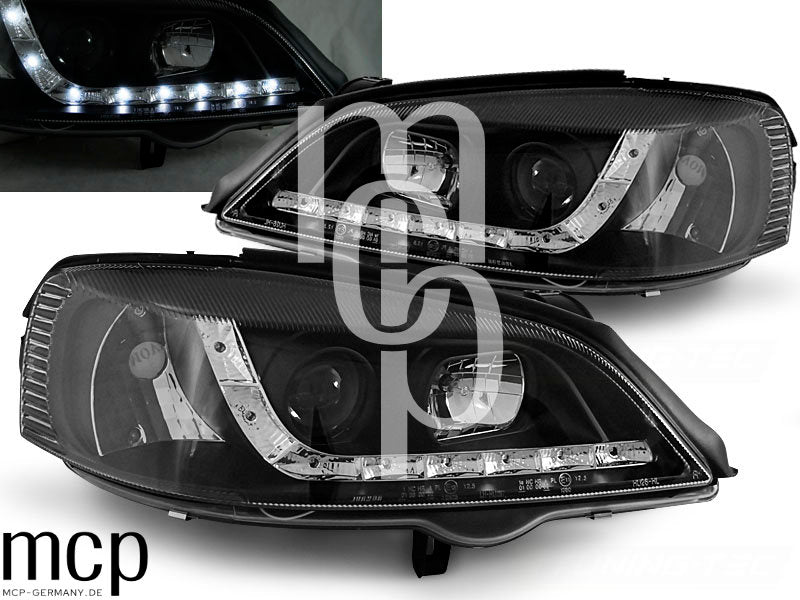 LED Tagfahrlicht Scheinwerfer Set für Opel Astra G (09/1997 bis 02/2004) in Schwarz