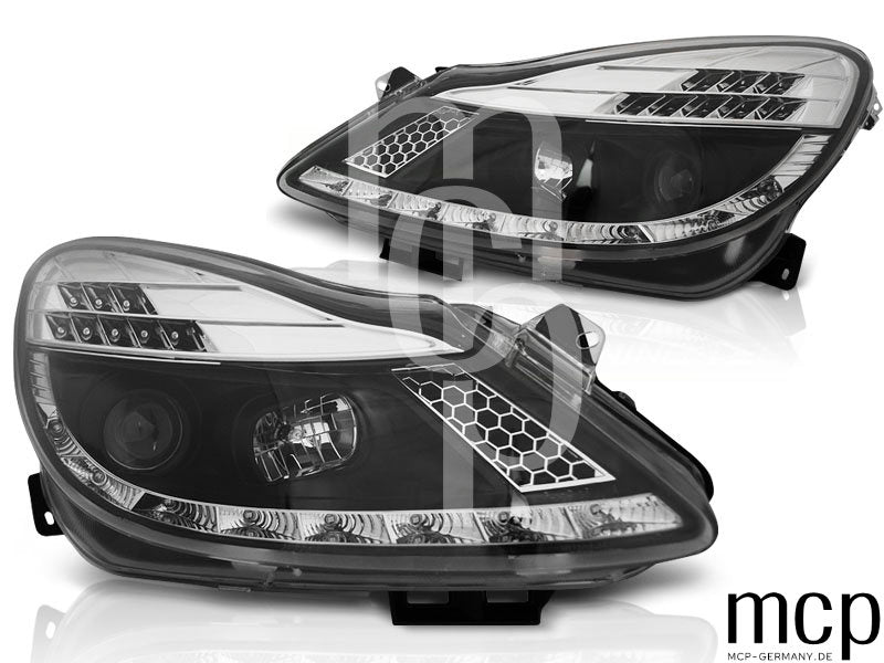 Scheinwerfer Set für Opel Corsa D (04/2006 bis 2011) in Schwarz mit LED Standlicht