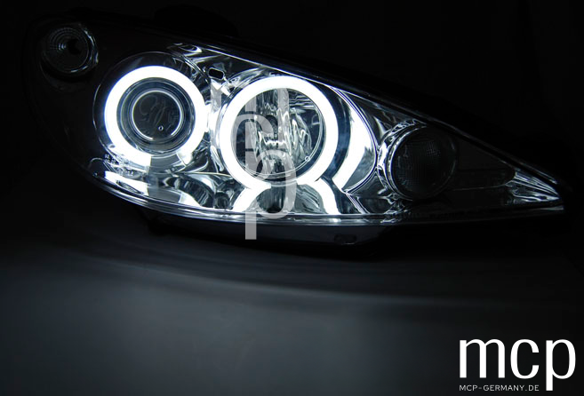 CCFL Angel Eyes Scheinwerfer Set für Peugeot 206 (ab 2002) in Chrom – weitere Ansicht