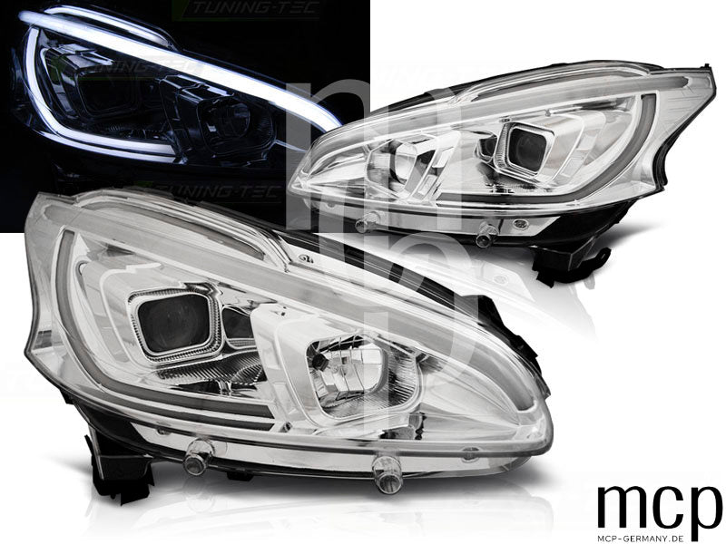 Scheinwerfer Set für Peugeot 208 (2012 bis 2015) in Chrom mit LED Tagfahrlicht