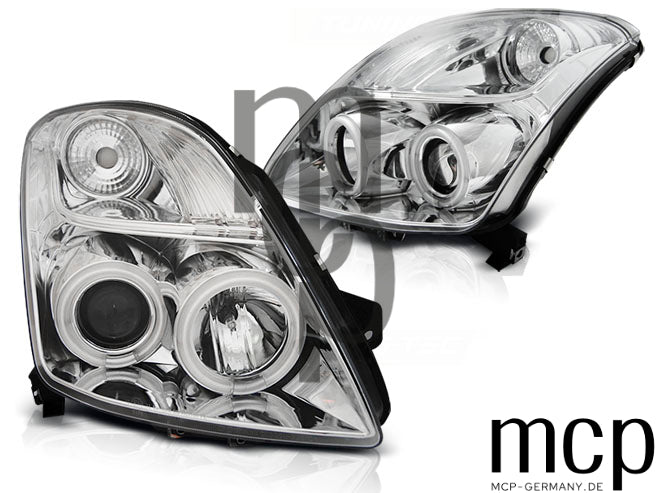 CCFL Angel Eyes Scheinwerfer Set für Suzuki Swift (05/2005 bis 2010) in Chrom
