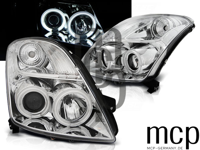 CCFL Angel Eyes Scheinwerfer Set für Suzuki Swift (05/2005 bis 2010) in Chrom
