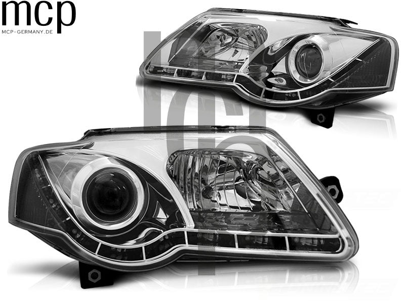 Scheinwerfer Set für VW Passat B6 3C (03/2005 bis 2010) in Chrom mit LED Tagfahrlicht