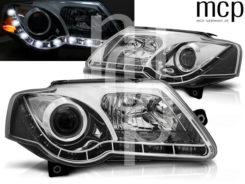 Scheinwerfer Set für VW Passat B6 3C (03/2005 bis 2010) in Chrom mit LED Tagfahrlicht