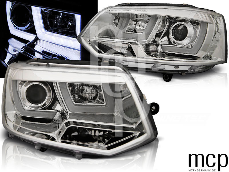 Scheinwerfer Set für VW T5 (2010 bis 2015) in Chrom mit LED Tagfahrlicht