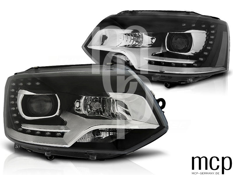Scheinwerfer Set für VW T5 (2010 bis 2015) in Schwarz mit LED Tagfahrlicht