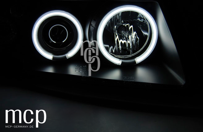 CCFL Angel Eyes Scheinwerfer Set für VW Passat B5 3B (1996 bis 08/2000) in Schwarz – Lichtansicht – LPVWO0