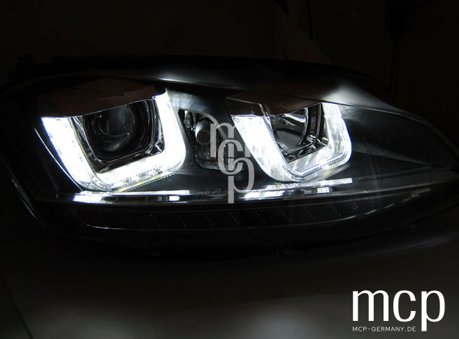 Scheinwerfer Set für VW Golf VII (2012 bis 2017) in Schwarz mit LED Tagfahrlicht – Lichtansicht – LPVWP2