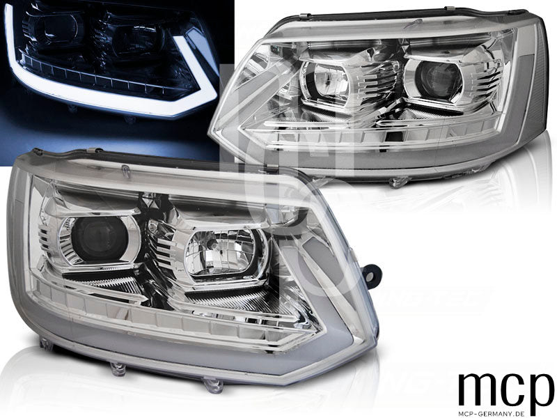 Scheinwerfer Set für VW T5 (2010 bis 2015) in Chrom mit LED Tagfahrlicht