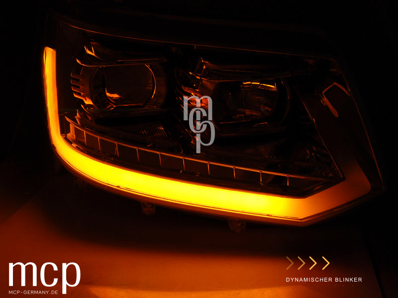 Scheinwerfer Set für VW T5 (2010 bis 2015) in Chrom mit LED Tagfahrlicht – Zusatz 04 Blinkeransicht