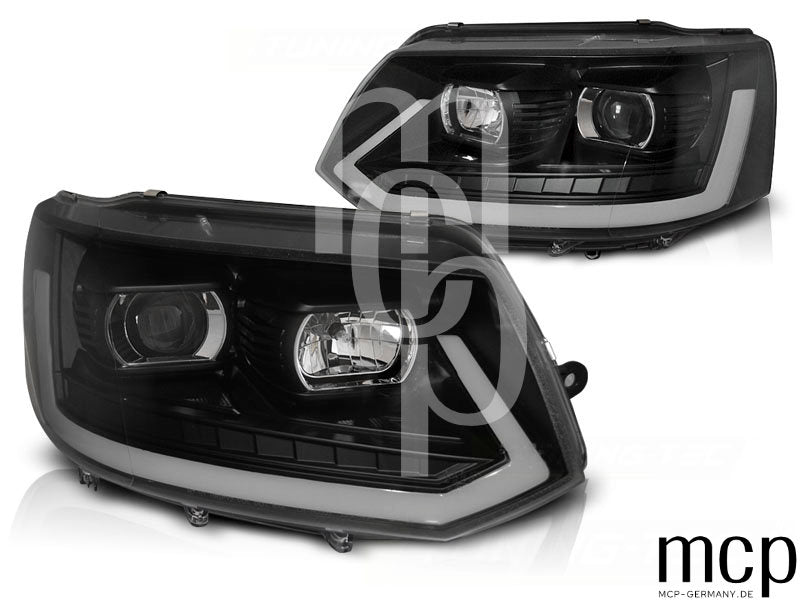 Scheinwerfer Set für VW T5 (2010 bis 2015) in Schwarz mit LED Tagfahrlicht
