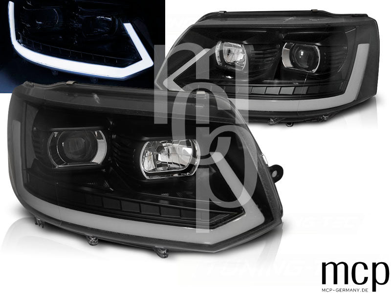 Scheinwerfer Set für VW T5 (2010 bis 2015) in Schwarz mit LED Tagfahrlicht