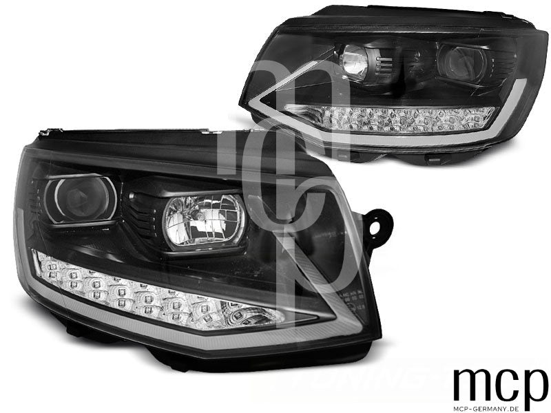 Scheinwerfer Set für VW T6 (2015 bis 2019) in Schwarz mit Chromakzenten mit LED Tagfahrlicht