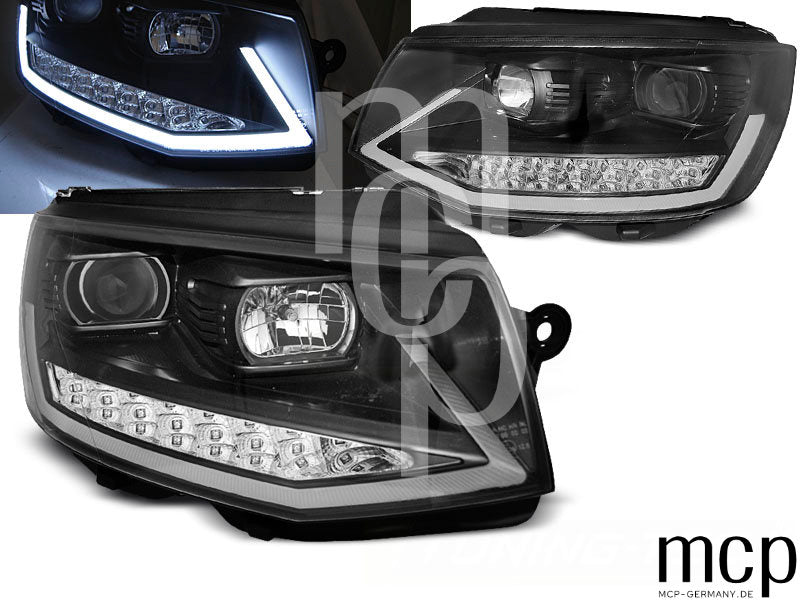 Scheinwerfer Set für VW T6 (2015 bis 2019) in Schwarz mit Chromakzenten mit LED Tagfahrlicht