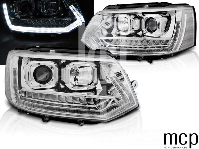 Scheinwerfer Set für VW T5 (2010 bis 2015) in Chrom mit LED Tagfahrlicht