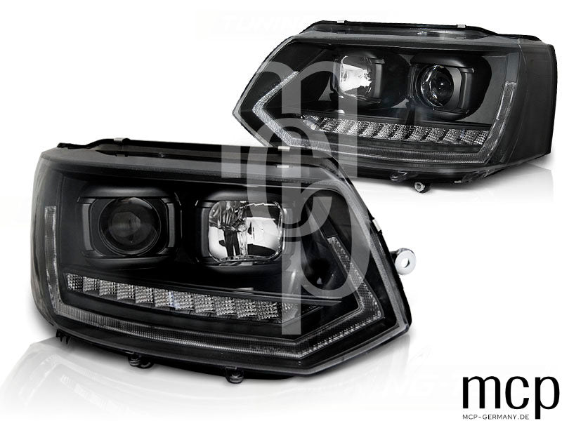 Scheinwerfer Set für VW T5 (2010 bis 2015) in Schwarz mit LED Tagfahrlicht