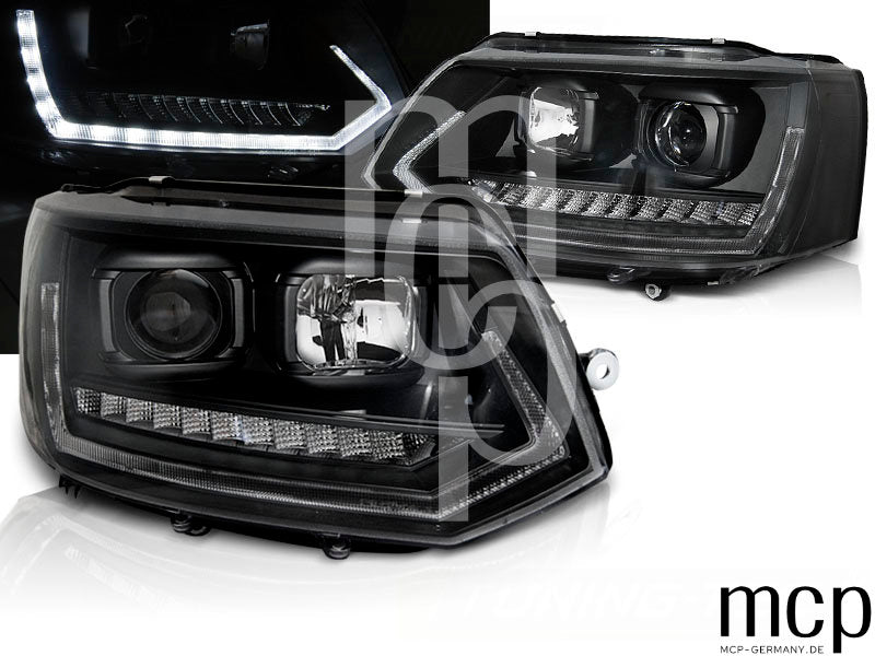 Scheinwerfer Set für VW T5 (2010 bis 2015) in Schwarz mit LED Tagfahrlicht